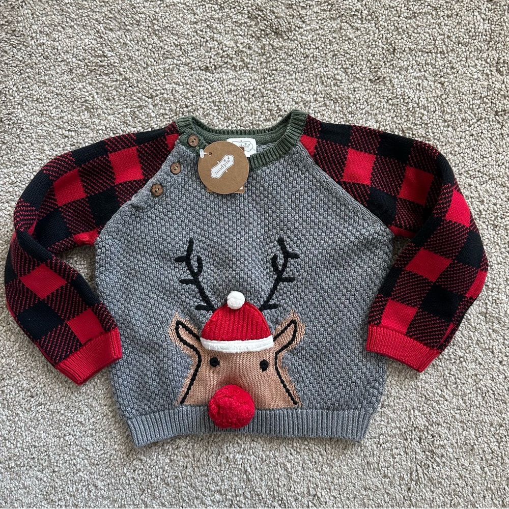NWT Mudpie Buffalo Plaid Reindeer Sweater Christmas Holiday Baby Boy Sz 12-18 M